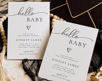 Editable Minimalist Baby Shower Invitation Template, Modern Baby Shower Invitation Gender Neutral, Simple Black and White Baby Shower Invite
