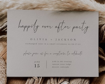 Happily Ever After-Party-Einladungsvorlage | Einladung zum Elopement-Empfang zum Ausdrucken | Minimalistische Hochzeitseinladung im Boho-Stil