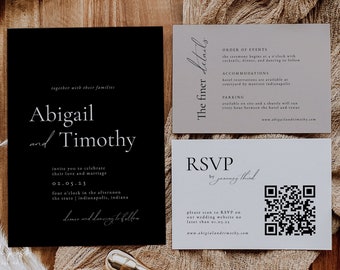 Modern Black Wedding Invitation Suite Template | Minimalist Wedding Invitation Set | Neutral Wedding Invitations | QR Code RSVP | ABIGAIL