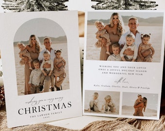 May include: A Christmas card with a photo of a family of seven. The family is standing in front of a desert landscape. The card has the text "Wishing you and your loved ones a joyful holiday season and wonderful new year" and "with love, Kylie, Graham, Charlie, Noah, Olivia & Penelope".