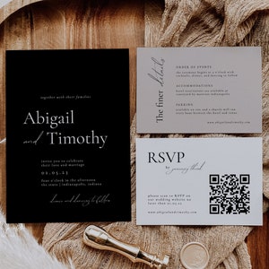 Plantilla de invitación de boda moderna en negro / Conjunto de invitación de boda minimalista / Invitaciones de boda neutrales / Código QR RSVP / ABIGAIL