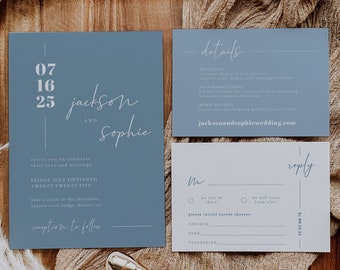 Dusty Blue Wedding Invitation Suite Template — Spring Wedding Invitation Steel Blue — Slate Blue Wedding Invitation — Shades of Blue Wedding