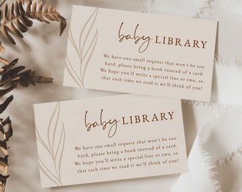 Plantilla moderna de tarjeta de biblioteca para bebés Boho, baby shower neutro beige, traiga un libro en lugar de una tarjeta, tarjeta de inserción de baby shower, libros para bebé