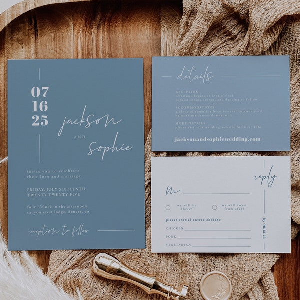 Modèles de la suite de faire-part de mariage bleu poussière — Faire-part de mariage printanier bleu acier — Faire-part de mariage bleu ardoise — Mariage nuances de bleu