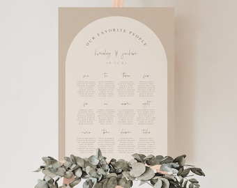 Gewölbter minimalistischer Sitzplan für Hochzeiten — Boho-Hochzeits-Sitzplan — Bearbeitbarer Bogen Hochzeit-Sitzplan — moderner Sitzplan