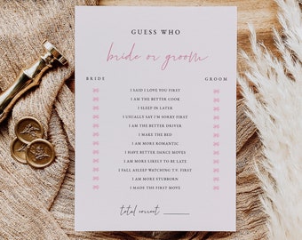 Pink Bow Guess Who Bride or Groom Bridal Shower Game Template | Pink Bow Bridal Shower | Pink Bridal Shower Games | He Said She Said Game