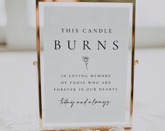 May include: A gold-framed sign with the text "This candle burns in loving memory of those who are forever in our hearts today and always".