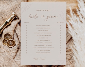 Guess Who Bride or Groom Bridal Shower Game Template | Boho Bridal Shower Games | He Said She Said Game | Arched Minimalist Collection