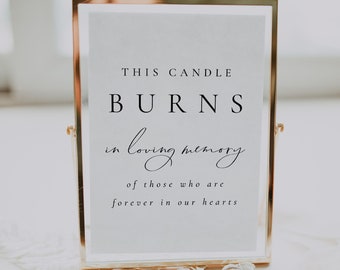May include: A gold-framed sign with the text "THIS CANDLE BURNS in loving memory of those who are forever in our hearts".