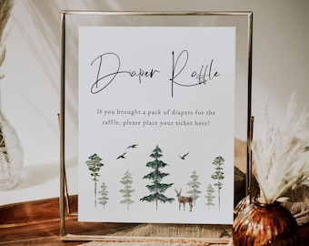 Woodland Diaper Raffle Sign Template | The Adventure Begins Baby Shower | Forest Mountains Baby Shower | Editable Diaper Raffle Sign