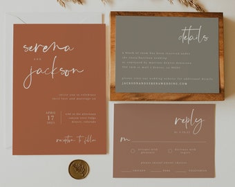 Desert Boho Wedding Invitation Suite Template — Earthy Wedding Invitation Set — Rust and Sage Wedding Invitations — Rust Wedding Invitation