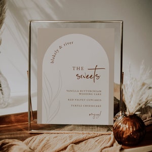 Gewölbte Dessert Menü Schild Vorlage — Boho Hochzeit Dessert Menü — Hochzeit Süßigkeiten Tisch — Boho Dessert Menü — Gewölbte Minimalistische Kollektion