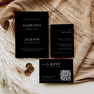 Schwarze Hochzeitseinladungs-Vorlage | Moderne Hochzeitseinladung Set | QR-Code Antwort | Dunkle Hochzeitseinladung | ANDRIANA
