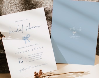Blue Bow Bridal Shower Invitation Template | Bow Themed Bridal Shower Invite | She's Tying the Knot Bridal | Something Blue Bridal Shower