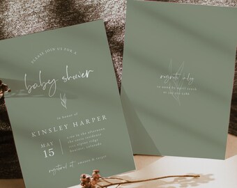 Plantilla de invitación para baby shower verde salvia, invitación para baby shower de género neutro, invitación minimalista bohemia para baby shower, baby shower con brunch