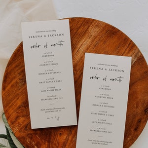 Modelo de cartão de ordem de eventos de casamento boho minimalista — Cartão de cronograma de casamento — Itinerário de casamento — Itinerário de casamento — Cronograma de casamento