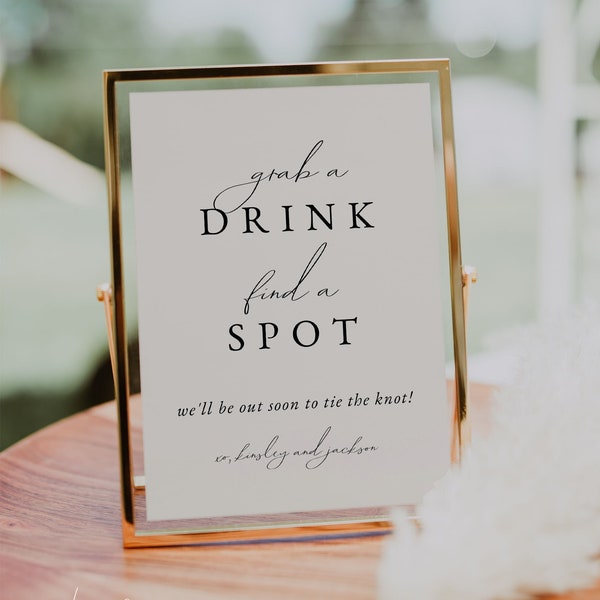 Elegant Minimalist Grab a Drink Wedding Sign Template, Wedding Ceremony Drink Sign, Printable Wedding Bar Sign, Open Seating Sign