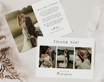 Moderne bruiloft dank u kaarten sjabloon, minimalistische bruiloft dank u kaarten met foto, Boho bruiloft dank u foto, foto dank u kaart