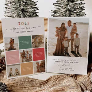 Plantilla de resumen del año, tarjeta navideña moderna y divertida, tarjeta navideña de resumen del año, tarjeta festiva de resumen del año, tarjeta festiva con collage de fotos