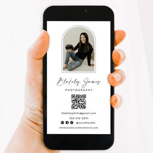 Digitale Visitenkarte, einfaches, sauberes, modernes Visitenkarten-Design, Fotografen-Visitenkarte, Bogen-Foto-Visitenkarte mit QR-Code