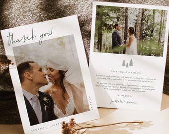 Forest Wedding Thank You Card Template, Modern Wedding Thank You Card with Photo, Pine Tree Wedding Thank You, Green Wedding Thank You Card