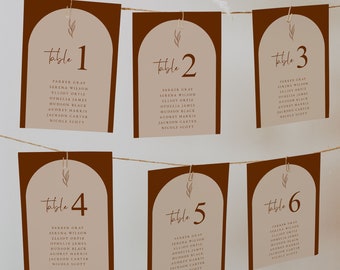 Plantilla de tarjeta de distribución de asientos para bodas con arco de terracota / Distribución de asientos moderna estilo boho para imprimir / Tarjetas de distribución de asientos para bodas con arco estilo boho
