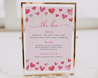 Heart Theme Bar Sign Template, Valentines Menu, Heart Themed Birthday, Heart Theme Baby Shower, Valentine's Day Drink Menu, Pink Bar Sign