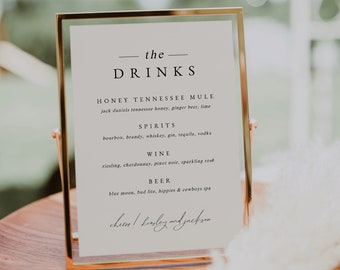 Elegant Minimalist Wedding Drinks Menu Template — Wedding Bar Menu — Wedding Signature Drinks Sign — Editable Wedding Bar Menu Printable