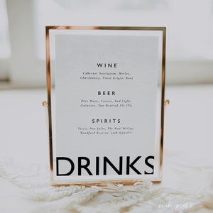 Modern Drinks Menu Sign Template | Minimalist Wedding Bar Menu | Modern Cocktails Menu | Wedding Drink Sign | Wedding Drink Menu Printable