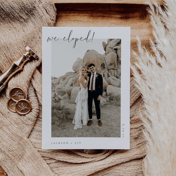 Faire-part de fuite minimaliste | Carte photo imprimable Elopement | Nous nous sommes enfuis de Zazzle.be Liste d'envies Vous avez des idées ? Faire-part de mariage bohème | SAULE