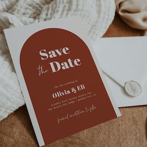 Retro Glam Save the Date Template — Printable Arched Save the Date — Terracotta Wedding Save the Date with Photo — 70s Wedding Save the Date