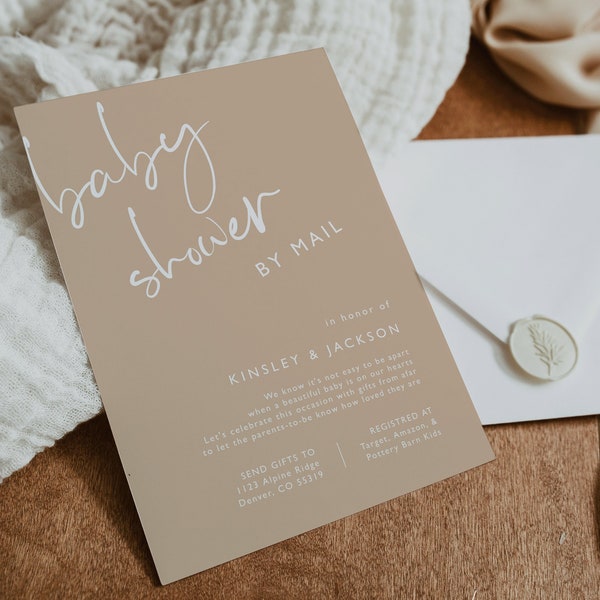 Baby Shower By Mail Invitation Template | Beige Baby Shower Invitation | Boho Gender Neutral Baby Shower Invite | Baby Shower By Mail Invite