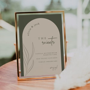 Gewölbte Dessertkarte Schild Vorlage — Olivgrün Hochzeit Dessertkarte — Hochzeit Süßigkeiten Tisch — Boho Dessertkarte — Gewölbte Oliven Kollektion