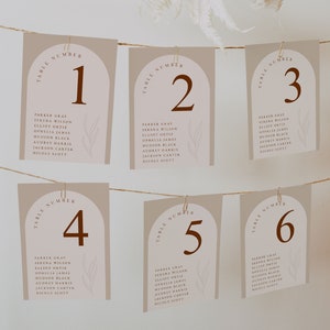 de plan de salle de mariage minimaliste arqué | Plan de salle à manger bohème moderne imprimable | Cartes de table pour mariage Boho Arch