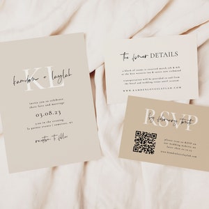 Modern Neutral Wedding Invitation Suite Template | Minimalist Wedding Invitation Set | Beige Wedding Invitations | QR Code RSVP | LAYLAH