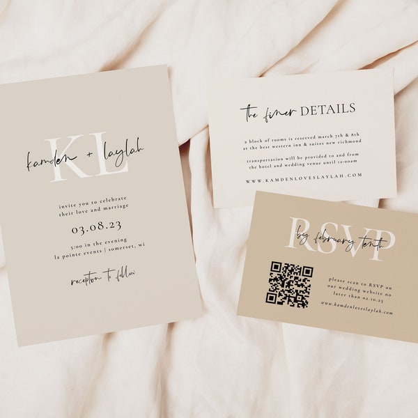 Moderne neutrale Hochzeitseinladungs-Suite-Vorlage | Minimalistisches Hochzeitseinladungsset | Beige Hochzeitseinladungen | QR-Code RSVP | LAYLAH