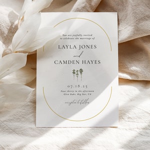 Modern Elegant Forest Wedding Invitation Template, Redwood Tree Wedding Invite, Gold Wedding Invitation, Minimalist Wedding Invite QR Code
