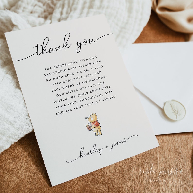 Winnie the Pooh Baby Shower Thank You Card Template, Pooh Bear Baby Shower Thank You Notes, Gender Neutral Baby Shower, Editable Thank Yous