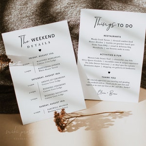 May include: A white card with black text outlining the weekend details for a wedding. The card lists the wedding rehearsal, ceremony, and reception, all taking place at Canyon Crest Lodge. The card also lists a farewell brunch at Morning Glory Eatery.