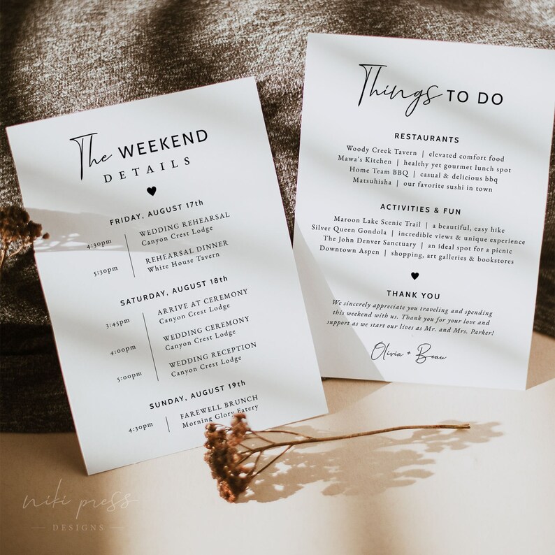May include: A white card with black text outlining the weekend details for a wedding. The card lists the wedding rehearsal, ceremony, and reception, all taking place at Canyon Crest Lodge. The card also lists a farewell brunch at Morning Glory Eatery.