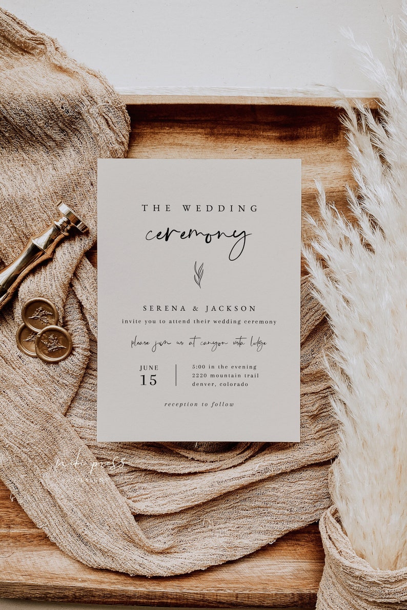 Minimalist Boho Wedding Ceremony Invitation Template Wedding Ceremony Invite Wedding Invitation Intimate Wedding Ceremony Invite image 1