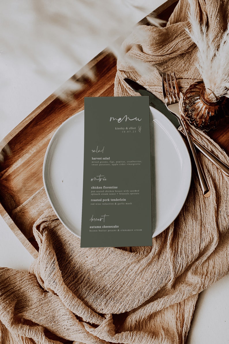 Earthy Olive Wedding Menu Template Modern Boho Wedding Dinner Menu Editable Wedding Menu Instant Download Green Wedding Menu image 2