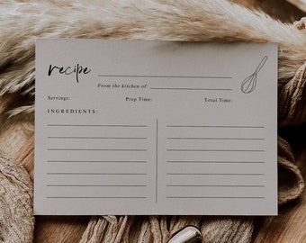 Modern Recipe Card Template | Editable Recipe Cards for Recipe Box | Minimalist Recipe Card Printable | Bridal Shower Recipe Card Insert