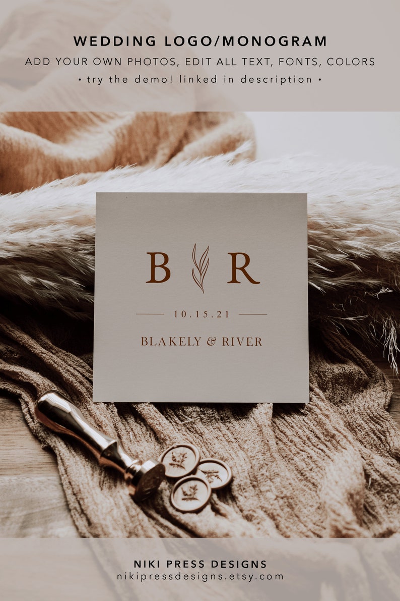 May include: A wedding logo design with the initials "B" and "R" in brown text with a stylized leaf design between the letters. The text "10.15.21" and "BLAKELY & RIVER" are also in brown text.
