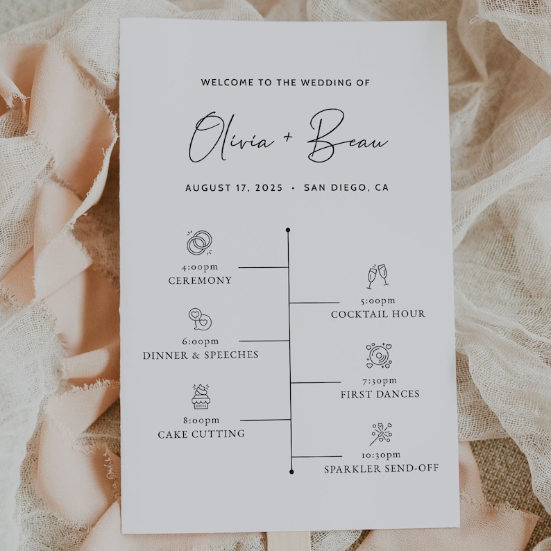 Wedding Program Fan Template Wedding Fan Program Timeline Wedding Timeline Fan Printable Wedding Program Modern Wedding Program, EVA image 3