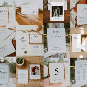 May include: A set of wedding stationery with a rustic theme. The stationery includes a save the date card, a wedding invitation, a reply card, a details card, a table number card, a seating chart, a welcome sign, and a signature drinks menu. The stationery is printed on white cardstock with black calligraphy and a simple design.
