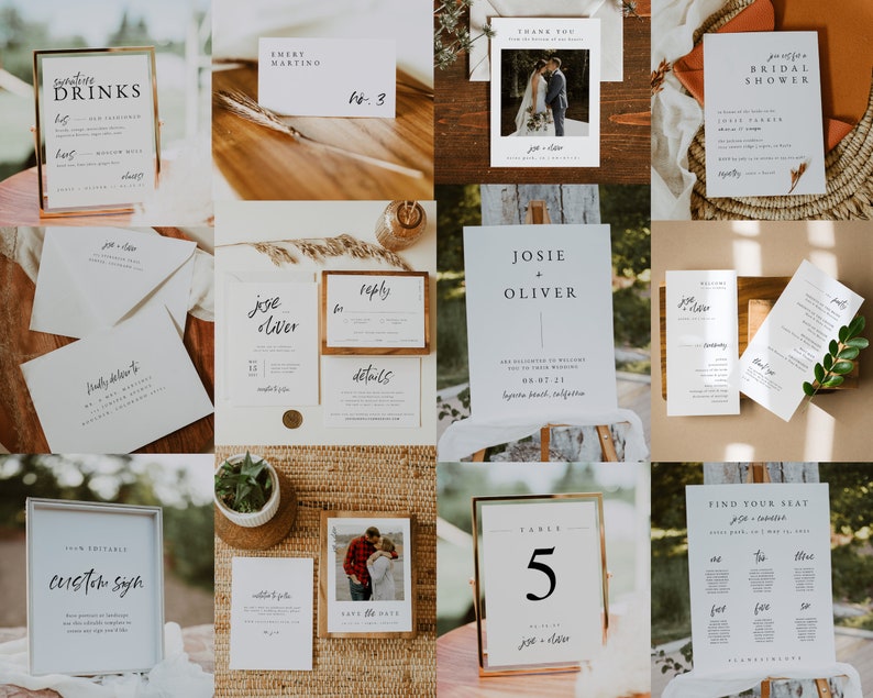May include: A set of wedding stationery with a rustic theme. The stationery includes a save the date card, a wedding invitation, a reply card, a details card, a table number card, a seating chart, a welcome sign, and a signature drinks menu. The stationery is printed on white cardstock with black calligraphy and a simple design.