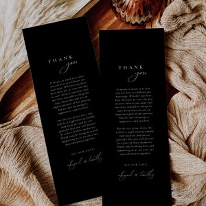 Modelo de agradecimento elegante e moderno para mesa de casamento | Nota de guardanapo de agradecimento preta | Obrigado por colocar lugar | Colocação de mesa de casamento | ABIGAIL