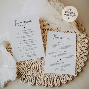 May include: Two white cards with black text. The first card lists the weekend details for a wedding, including the date, time, and location of the rehearsal dinner, ceremony, and reception. The second card lists restaurants and activities to do in the area. The text on the second card includes "Things to Do", "Restaurants", "Activities & Fun", and "Thank You".