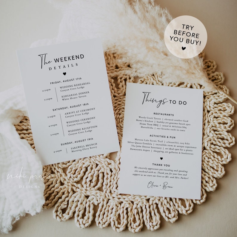 May include: Two white cards with black text. The first card lists the weekend details for a wedding, including the date, time, and location of the rehearsal dinner, ceremony, and reception. The second card lists restaurants and activities to do in the area. The text on the second card includes "Things to Do", "Restaurants", "Activities & Fun", and "Thank You".